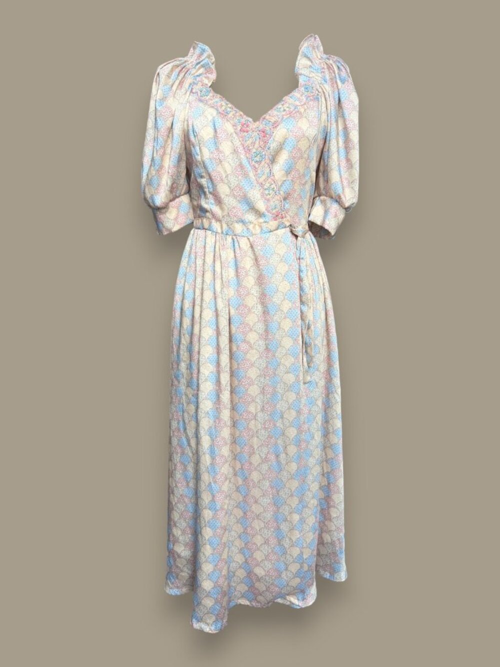 Dondolo Pastel Scallop Floral Wrap Midi Dress Puff Sleeve Small